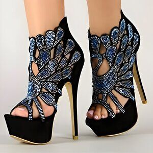 Black Velvet Blue Sequin Jewel Crystal Stiletto Christmas Holiday Party Heels 6